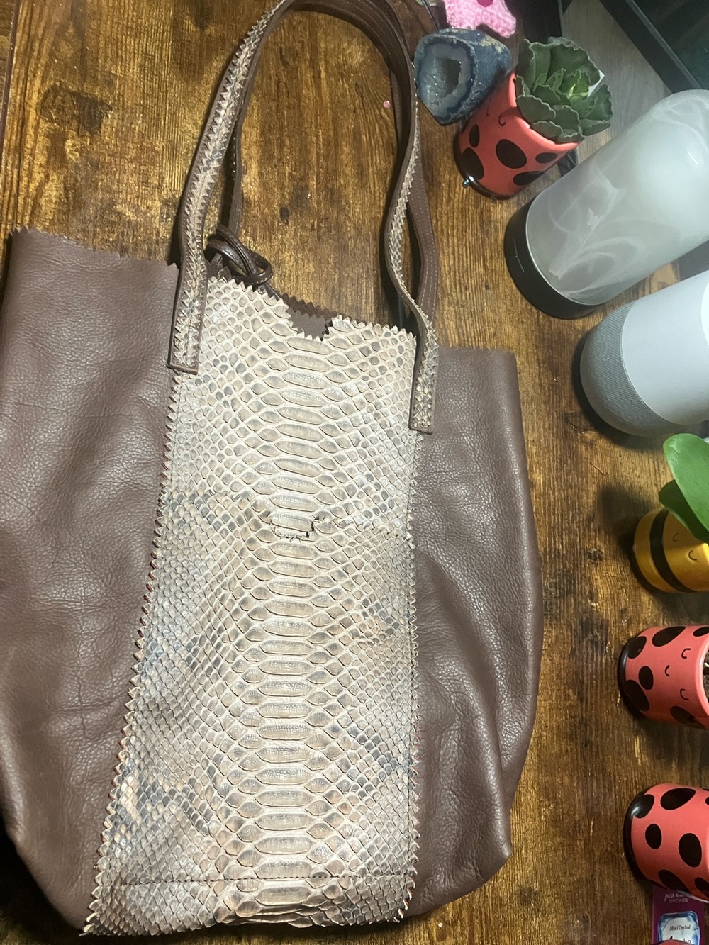 Carlos Falchi Brown Leather Tote with Beige Snake-Textured Center
